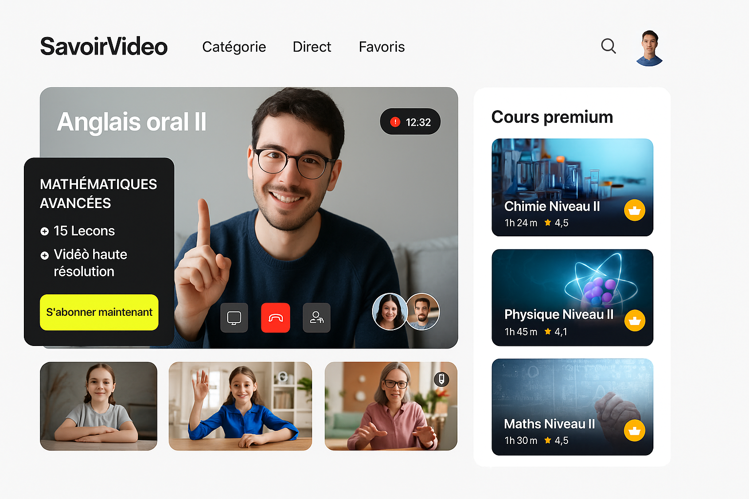 Aperçu de l’interface SavoirVideo avec cours vidéo et cartes de leçons